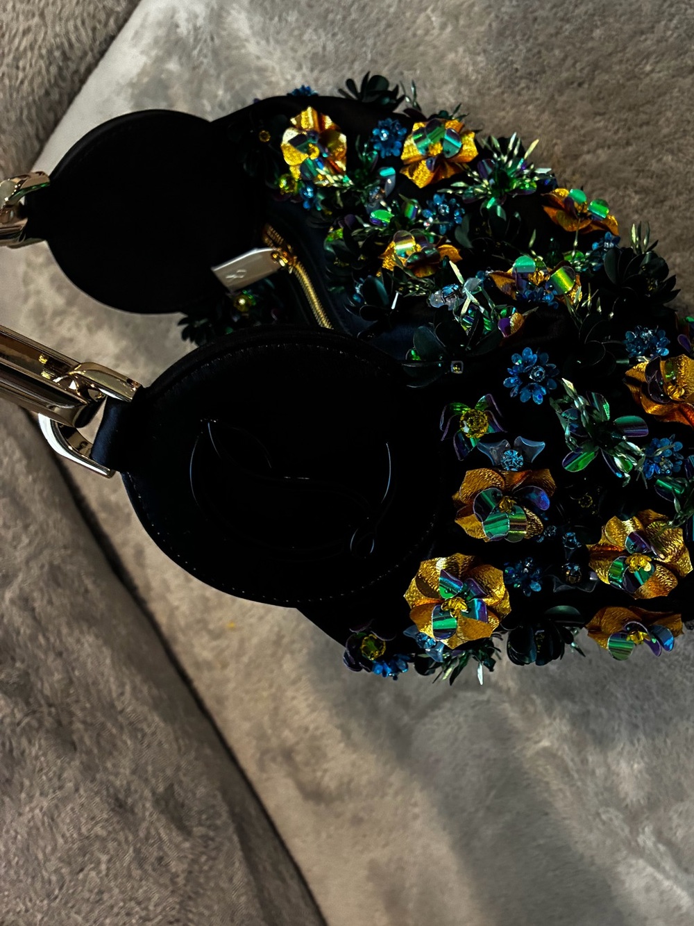 Christian Louboutin Black Evening Hobo ba with Gold, Green & Blue Floral Beading - Picture 3 of 3
